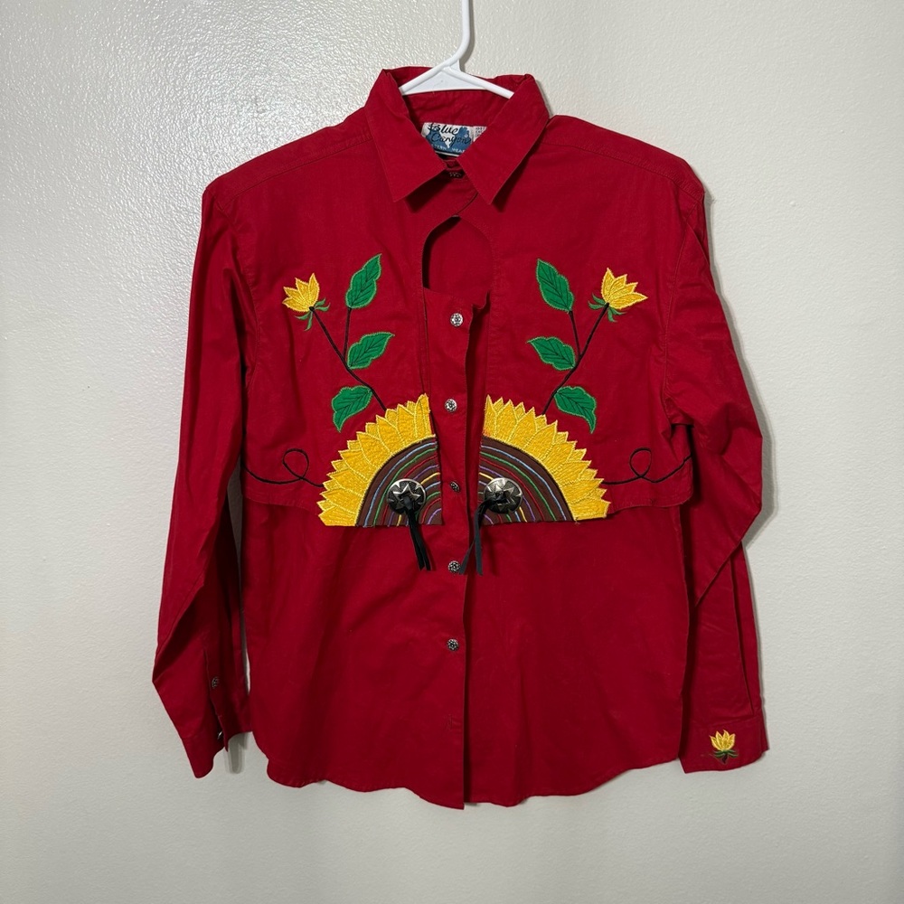 Red Embroidered Button Down Shirt